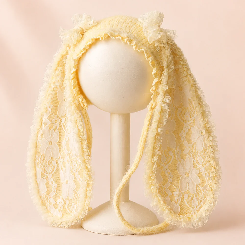 Sweet Lace Ruffle Newborn Bunny Hat with Long Ears for Photography Props Two Bows Knitted Baby Rabbit Bonnet Photo Accessories image 5