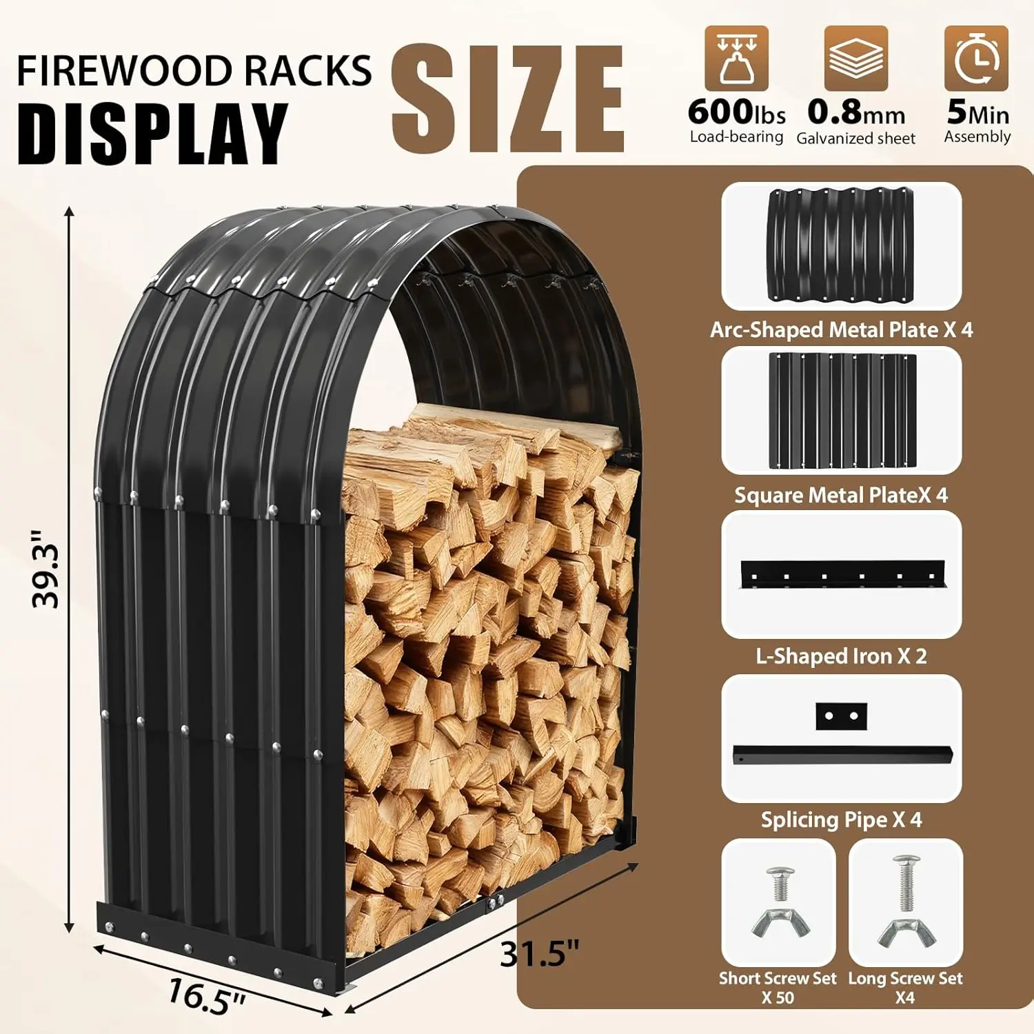 Outdoor Firewood Storage - Black Metal Firewood Shed, Weatherproof, with 32\