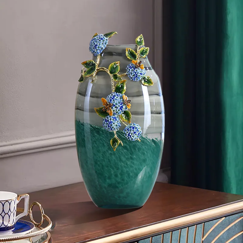 

Enamel art hydrangea vase ornament glass handicraft TV cabinet entrance decoration light luxury housewarming gift