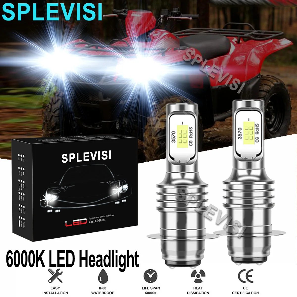 2x70W 6000K Pure White LED Headlight Bulbs For Suzuki King Quad 300 1991-2002 Eiger LTA400 LTA400F 400 2002-2004 2005 2006 2007