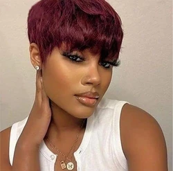 180 Density 99J Burgundy Colored Machine Made Wigs 100% Brazilian Remy Human Hair Wig Short Pixie Cut Wig For Black Women