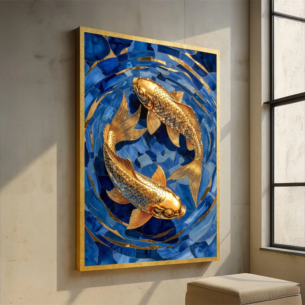 Elegant Koi Fish Canvas Wall Art Prints Gold and Black Koi Fish Canvas Painting Blue Abstract Fish Art Water Life Luxury Decor