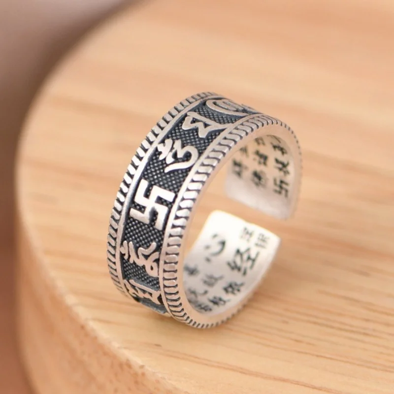 BOCAI S990 Sterling Silver Charms Rings for Men Women Retro Six Character Mantra Heart Sutra Amulet Jewelry Wholesale