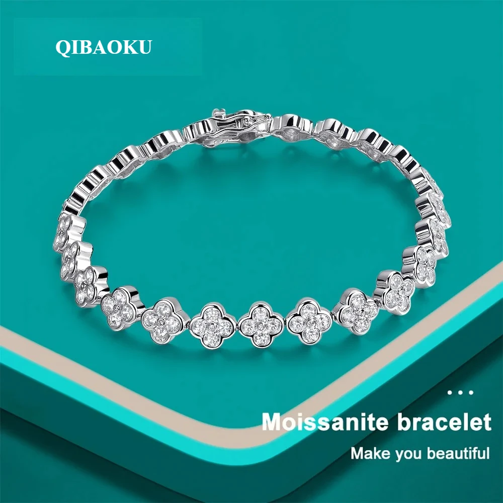 QIBAOKU D VVS1 Moissanite Tennis Bracelet 2mm Diamond GRA s925 Sterling Silver Four Leaf Clover Bracelets for Women Gifts 2026
