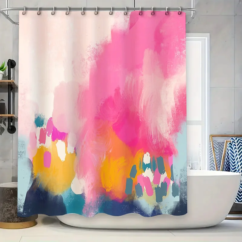 

Abstract Art Shower Curtain Modern Teal Blue Beige Brush Stroke Backdrop Bathroom Decor Washable Waterproof Fabric