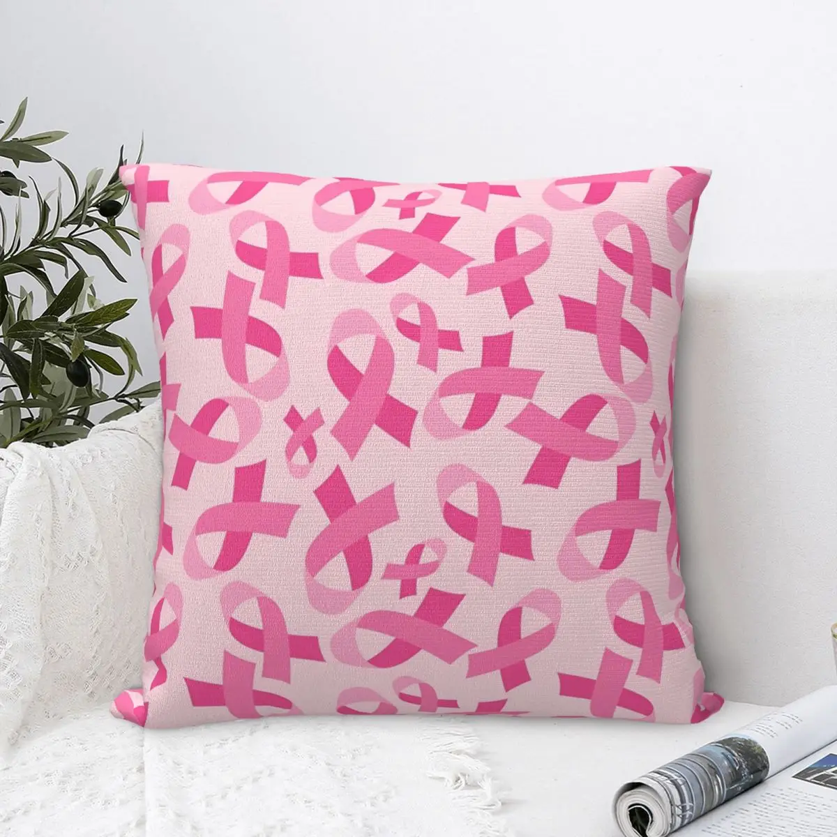Breast Cancer Awareness Month Square Pillow Case Ribbon Cushion Covers Vintage Polyester Decorative Pillowcase for Car 45x45cm