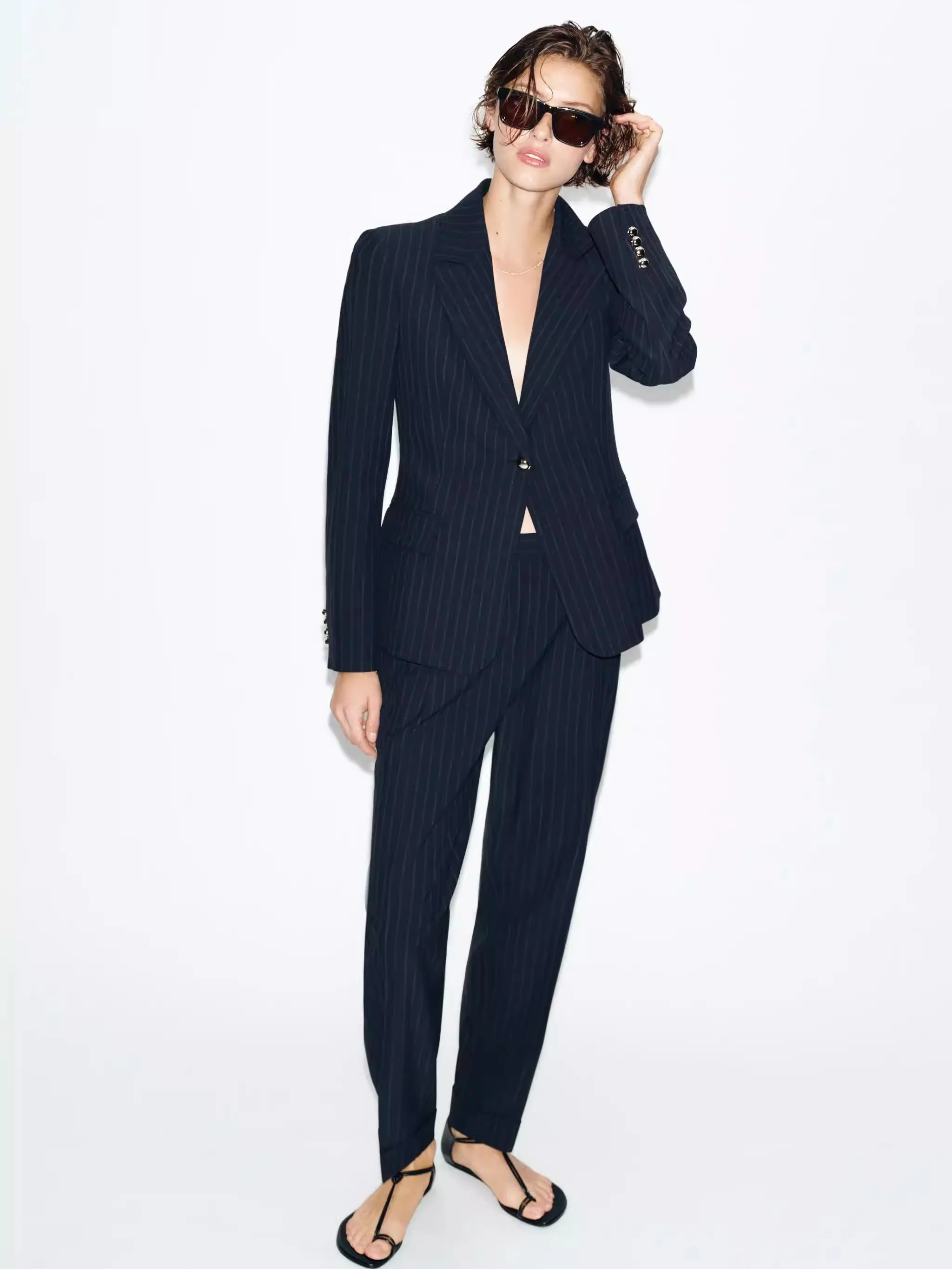 Spring New Arrival Women's Suit Jacket Striped Pants Casual Style Standard Fit Long Sleeve Button Closure Outerwear