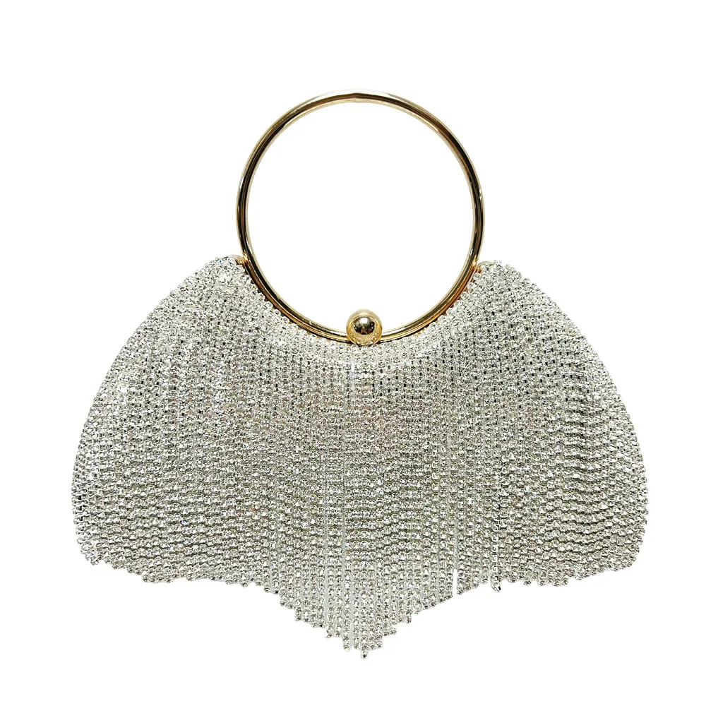 Full Silver White Rhinestone Fan Shape Long Tassel Gold Ring Handle Clutch Luxury Sparkling Evening Purse Mature Women Wedding