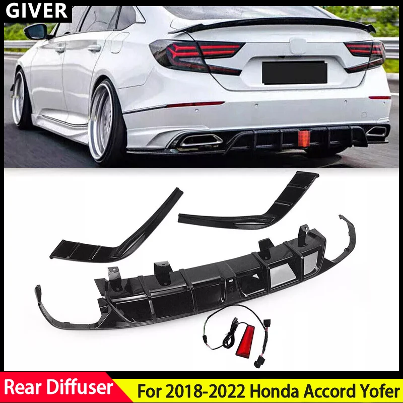 For 2018-2022 Honda Accord Yofer Rear Bumper Diffuser with LED Light Posterior Lip Appearance upgradation car Accessories