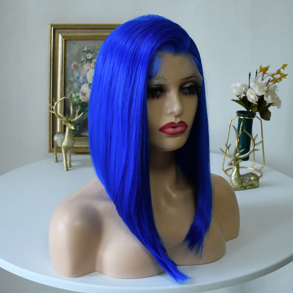 Peluca Bob corto, peluca azul, pelucas frontales de encaje transparente HD, pelucas rectas Bob, pelucas frontales de encaje 13x4 prearrancadas sintéticas para mujeres