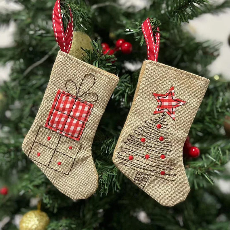 Christmas Stockings Santa Elk Socks Xmas Gift Bag Burlap Embroidery Christmas Tree Hanging  Bag New Year Party Home Decor