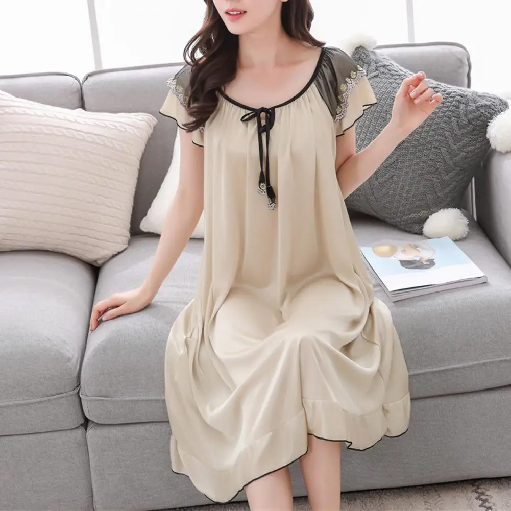 Women's Sleepwear O-Neck Lace-up Short Sleeve Thin Sleeping Dress Women Smooth Satin Ruffle Hem Summer Nightdress