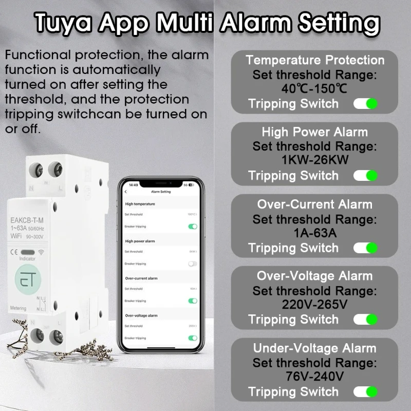 WiFi Smart Circuit Breaker MCB 1P+N 63A Time Relay Switch Energy Meter KWh Voltage Current Protector Remote Control