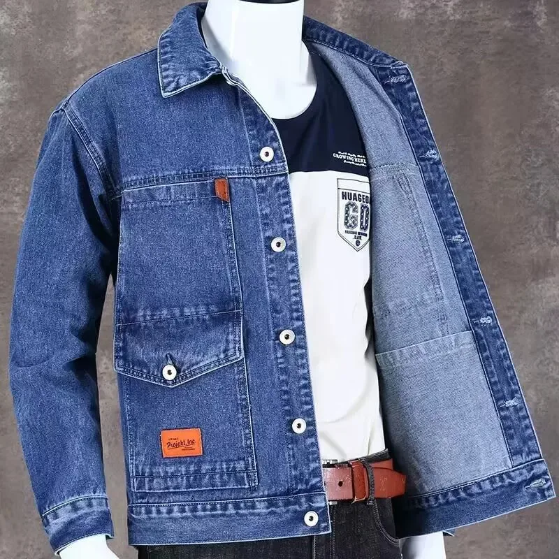 Wear-Resistant Casual Loose Long Sleeve Denim Jacket for Men Spring Autumn Turn-down Collar Multi-Pocket Workwear