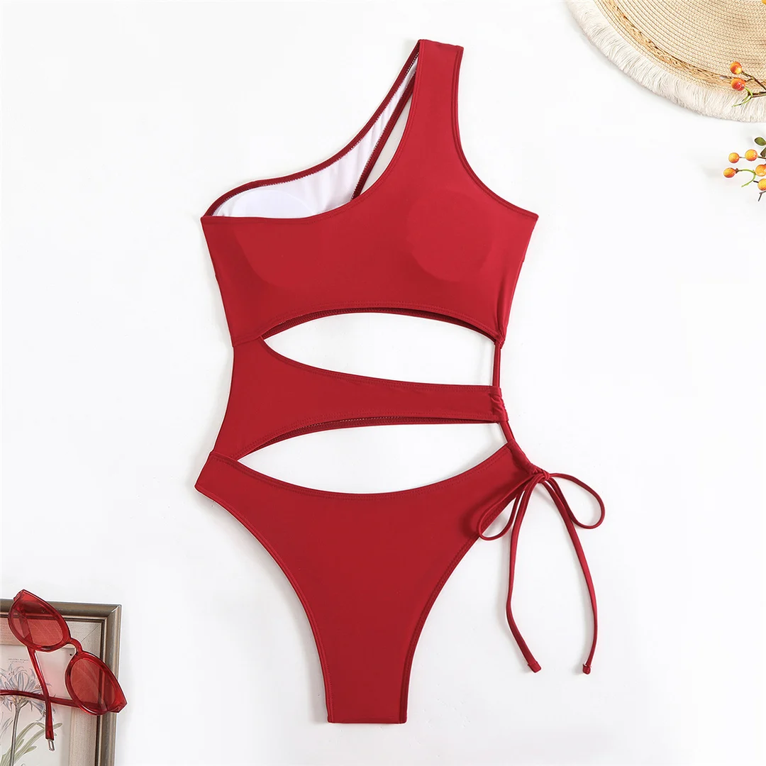 Asymmetrischer Badeanzug mit Cut-Outs und einem Schulterträger, einteiliger Badeanzug für Damen, Monokini mit hohem Beinausschnitt, Badebekleidung, Badeanzug, Modell V6254. – Detail 33