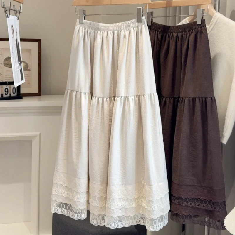 Vintage Kawaii Mori Girl Style Lace Ruffle White Maxi Skirt Korean Fashion Minimalist A-line Pleated Long Tiered Skirt for Women