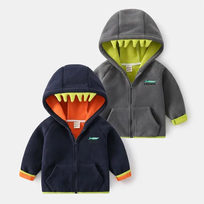 

Autumn Toddler Boy Thick Jacket Cotton Fleece Crocodile Long Sleeve Hooded Kid Boy Coat Loose Velvet Warm Contrast Baby Boy Coat