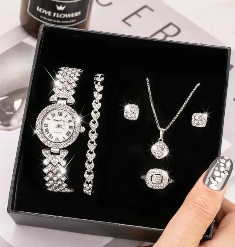 Fashion Luxury Full Crystal 5 Pcs Watch Necklace Earrings  display picture 3