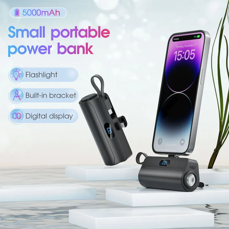 5000mAh Mini Power Bank With Type-C Cable Plug and Play Powerbank Portable Charger External Spare Battery for iPhone 14 Xiaomi 9