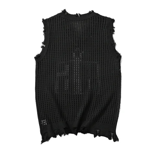 Imagen 2 del producto Chaleco de punto para hombre, moda de verano, patrón de letras, chaleco sin mangas de malla, chaleco suave de punto de lana transpirable informal, Top para hombre, talla estadounidense