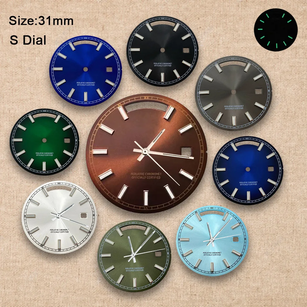 31mm S Logo Day And Date Dial Fit 8285 Movement High-Quality Green Luminous Sunray Dial Watch Modification Accessories