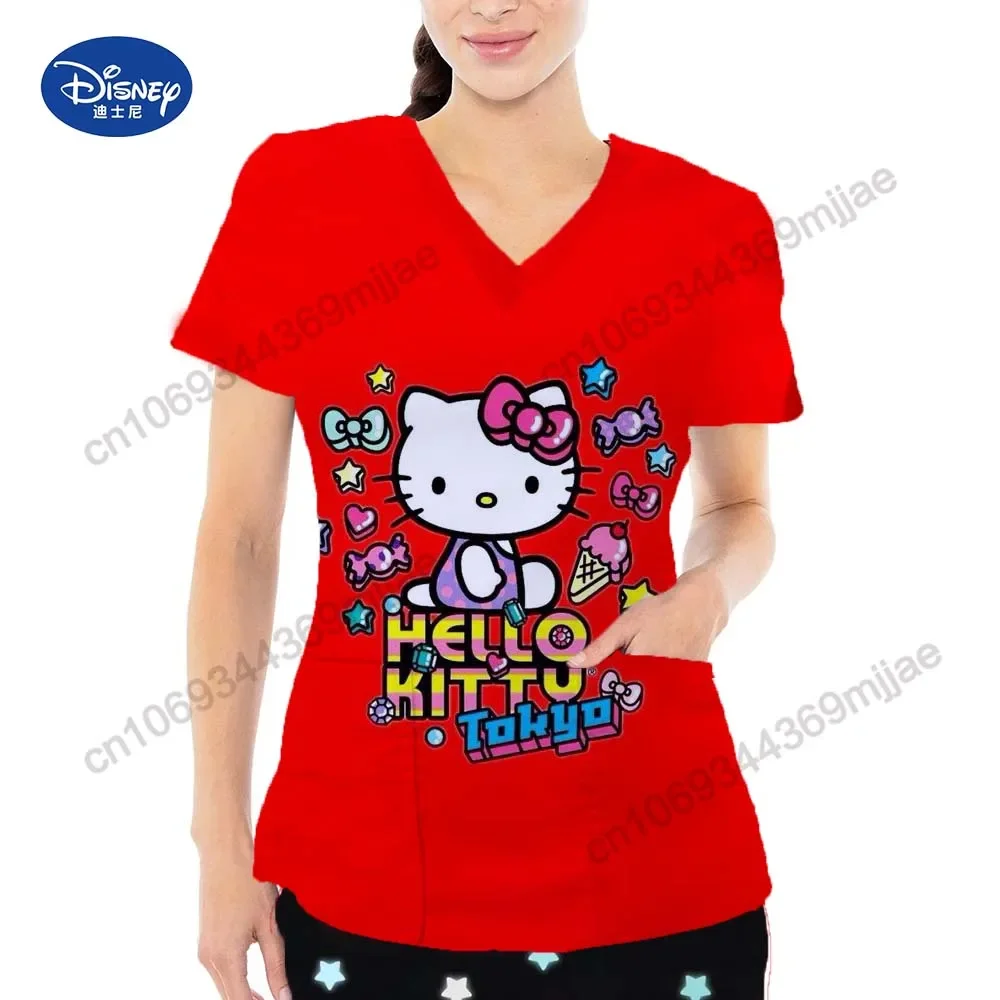 Summer new Holle Kitty Printed Pattern V-neck Double Pocket Nurse uniform Comfortable and Casual Y2k style Women's T-shirt