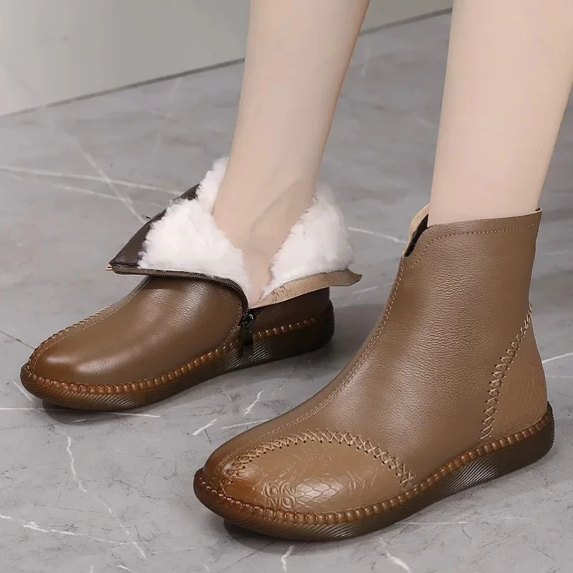 

2025/2,5 см, женские зимние плюшевые ботинки из натуральной мягкой кожи на плоской подошве, весенне-осенние теплые ботильоны