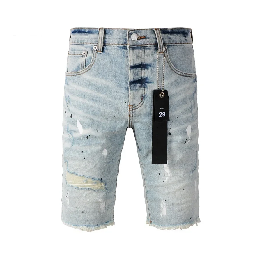 Top quality New Purples Jeans Men Trendy Elastic Edged Middle Pants Irregular Blue Color Washed Denim Shorts brands pants