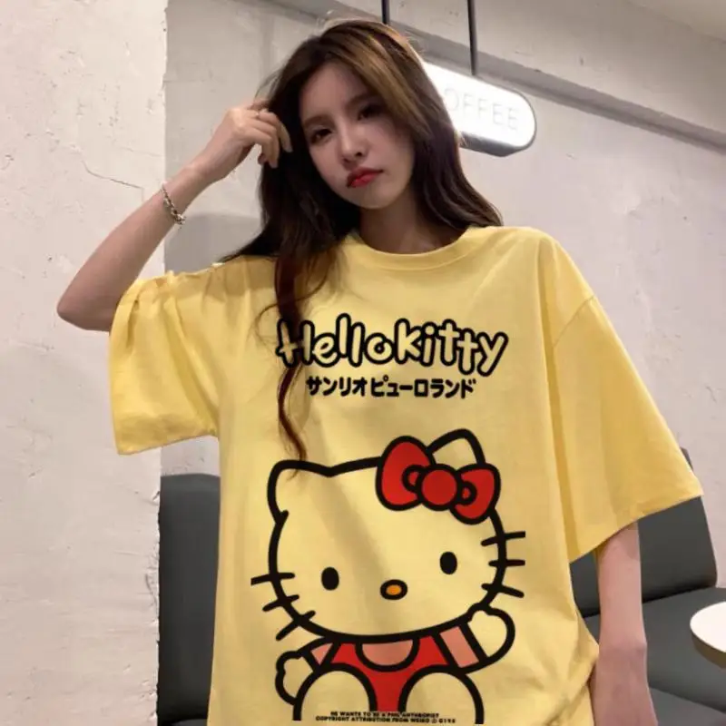 

Sanrio японская кремово-желтая футболка с короткими рукавами Hello Kittys для девочек и студентов, новинка 2025 года, летняя свободная футболка в корейском стиле с половиной рукавов