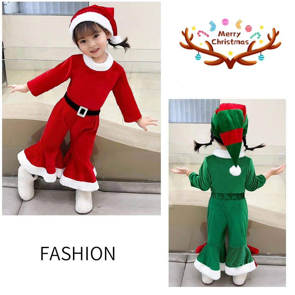 Christmas Clothing For Baby and Kids Children Santa Claus Set With Hat Boy and Girl Red Green Fleece 3-Piece Set Christmas Gift