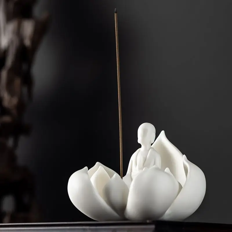 White Porcelain Sheep Fat Jade Lotus Fragrant Insertion Home Decoration Indoor Zen Line Fragrant Column Fragrant Seat LittleMonk