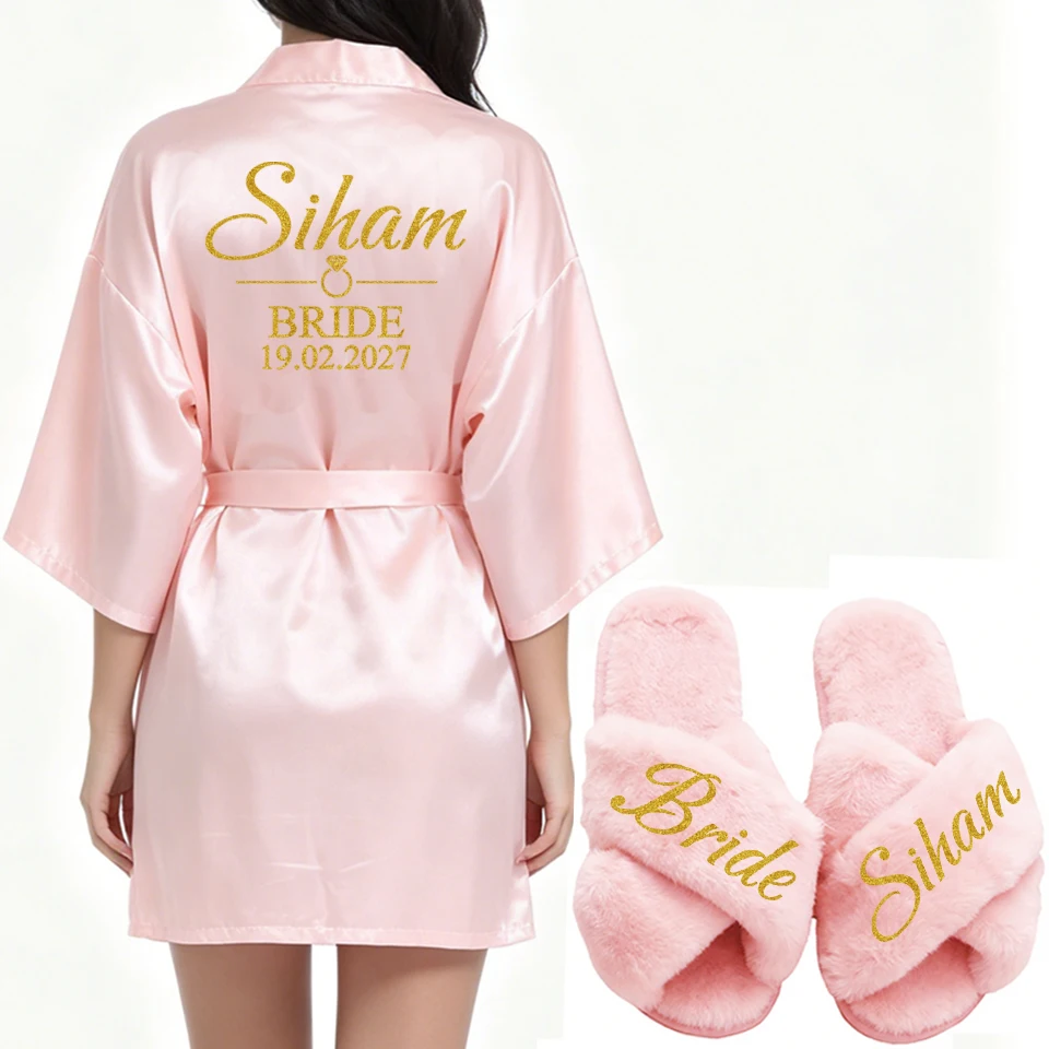 

Customizable Personalized Robe for Bride Bridesmaid with Name And Date Birthday Party Gown Add Any Text Bathrobe - Unique Giftin