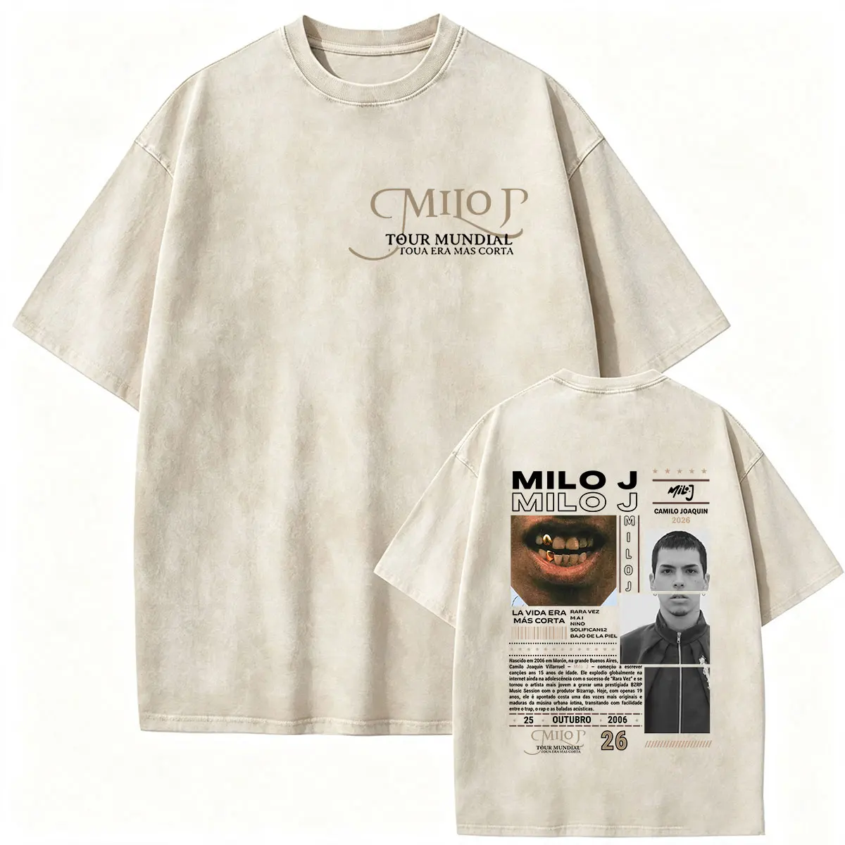 Rapper Milo J La Vida Era Mas Corta Tour 2026 Vintage Washed Graphic T Shirts Men's gothic Fashion Clothing Short Sleeve T-shirt
