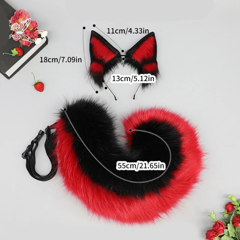 Foxes Tail Adjustable Belt Plush Animal Tail Foxes Ears Headband Halloween Costume Accessories for Adult Woman Man