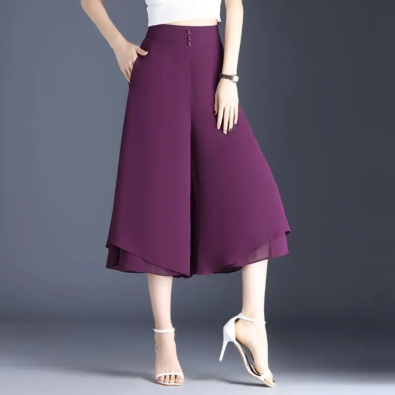 

Summer New Chiffon Thin Loose Simplicity Cropped Pants Solid High Waist All-match Wide Leg Pants Fashion Casual Women Clothing