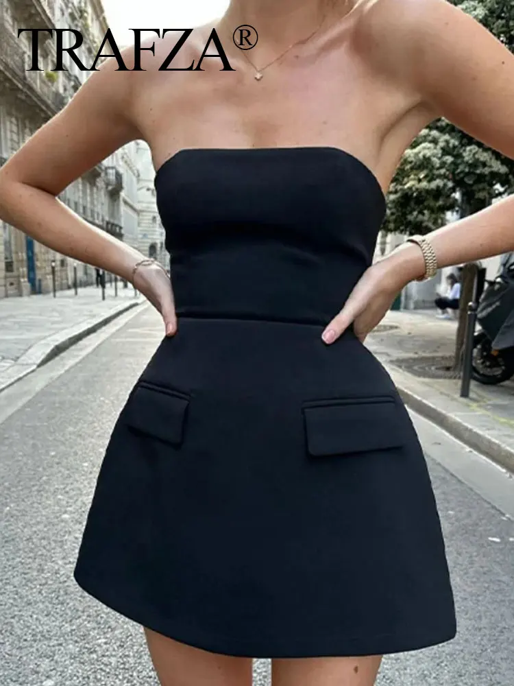 TRAFZA Dress For Women 2024 Summer Solid Strapless Slim Mini Female Dresses Pockets Chic Sexy Party Vintage Woman Evening Dress