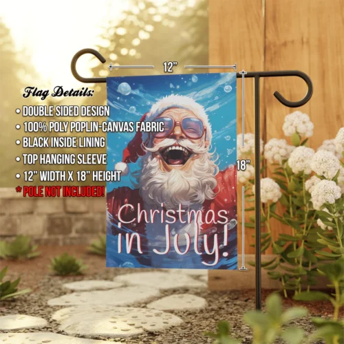 Christmas in July Garden Flag, Excited Santa Wearing Glasses Swimming, Gift Her