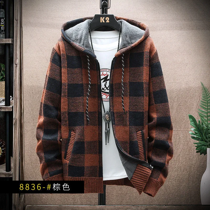 Men\'s Fashion Autumn Winter Plaid Sweater Hooded Cold Coat Men Casual High Quality Zipper Fleece Warm Top Knitted Jacket Coat