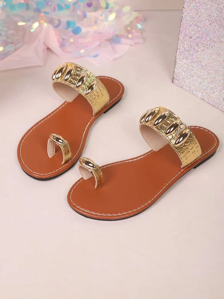 Böhmische Goldverzierte Flache Sandalen - Zehenring-Krokodilriemen-Flip-Flops, Lässige Sommer-Strandschuhe – Detail 3