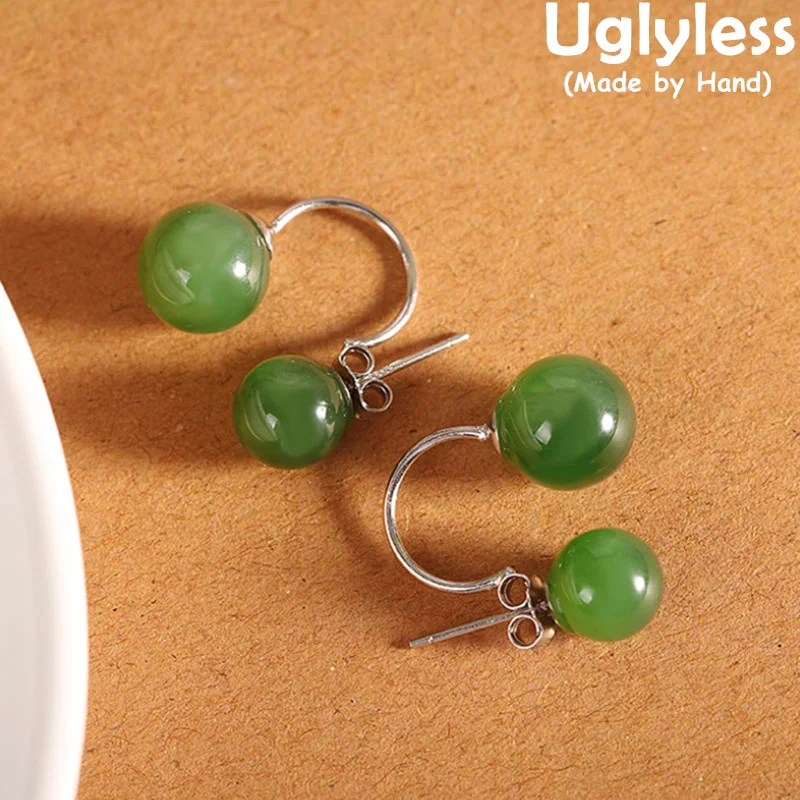 

Uglyless Detatchable Dual-use Natural Green Jade Studs Earrings for Women Lovely Balls Bulbs Jasper Brincos 925 Sterling Silver