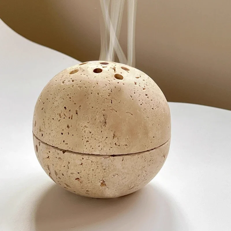 9-hole Circular Incense Cone Desktop Natural Marble Sphere Incense Burner Bracket Limestone Incinerator Frankincense Evaporator