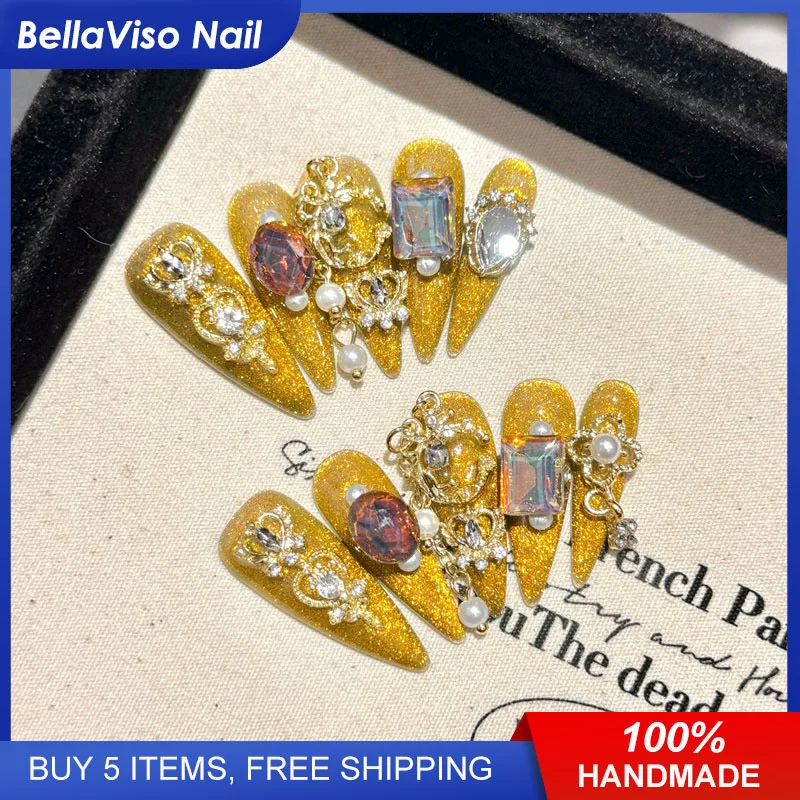 

Brilliant Starry | Luxury Gold Long Stiletto Press On Nails Decorated Fake Nails 10pcs Handmade Rhinestone Wearable Nail Tips