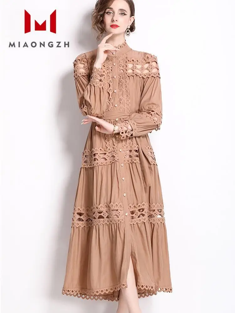 

2024 Spring Fashion New Hollow Out Dresses For Women Stand Collar Long Sleeve Single Button Solid Elegant Luxury Female Dress