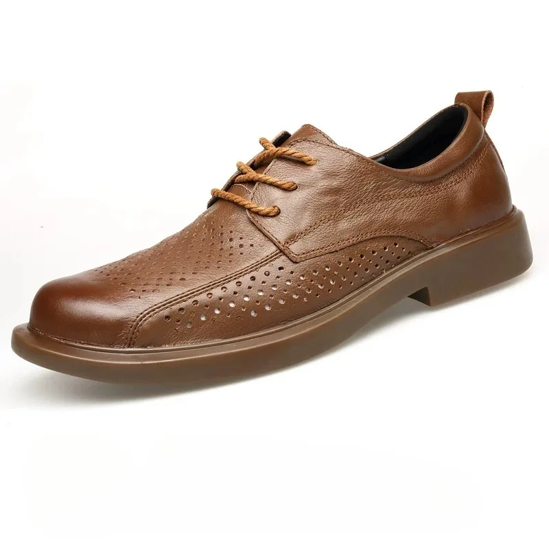 

British Style Fashion Business Casual Leather Shoes Men's Summer Breathable Lace Up Derby Genuine Leather Office Dress Wedding