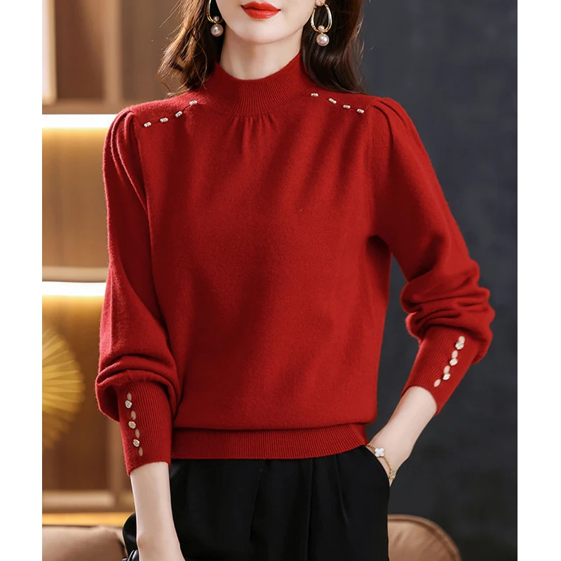 Women Korean Fashion Beaded Elegant Knitted Sweater Autumn Winter Solid Long Sleeve Loose Pullover Tops Half High Collar Jumpers