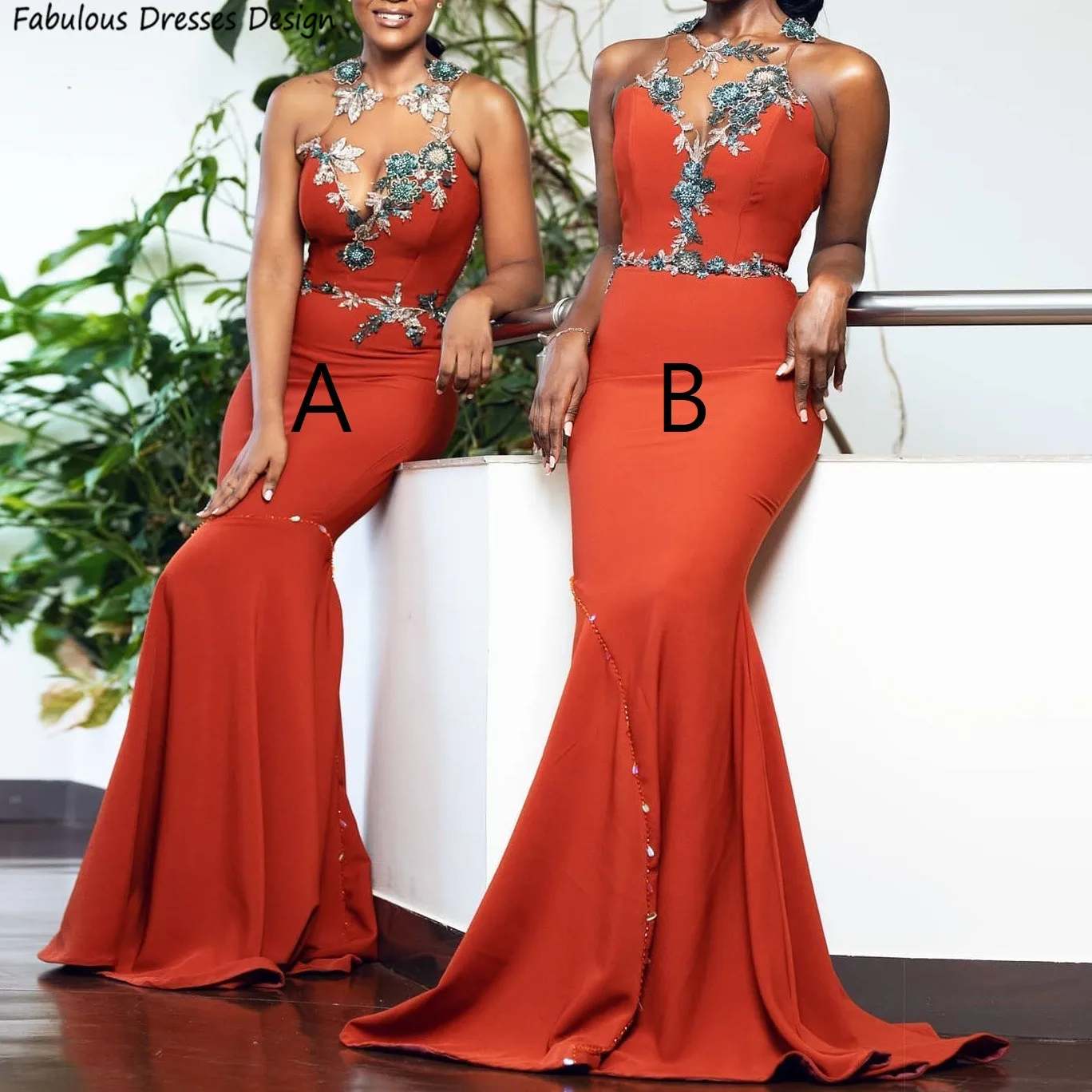 

Orange Long Mermaid Bridesmaid Dresses Applique Lace Sheer Sweetheart Neck Wedding Guest Dress Party Women Prom Gown