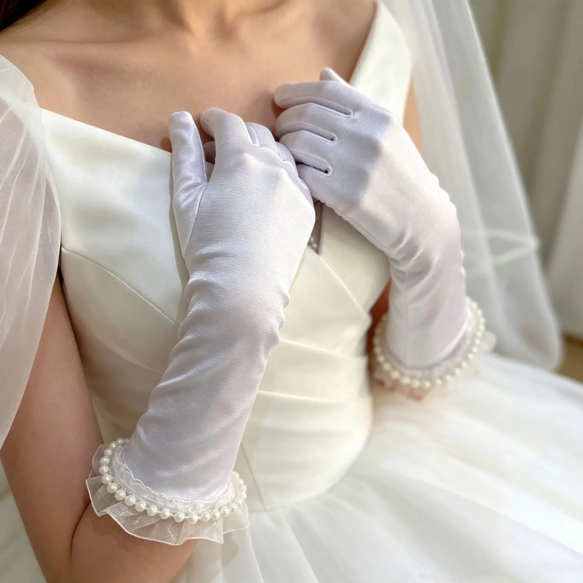 Bridal Wedding Gloves Long Satin Faux Pearl Lace Trim White Ivory Elegant Comfortable Breathable Lightweight for Women Ceremony