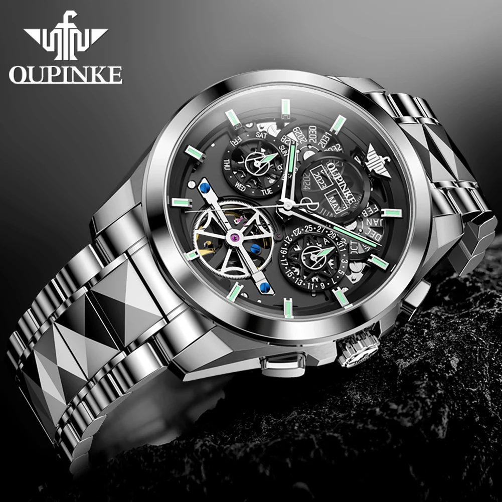OUPINKE 3233 Original Genuine Men's Watch Full Diamond Starry Sky Dial Waterproof Leather Strap Automatic Mechanical Watch