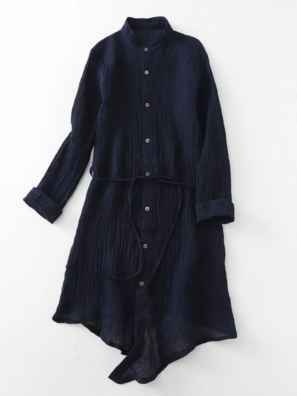 Spring Summer Textured  Color Midi irt Jaet Women's Original Design Loose Fit Long Sve Stand Collar Open Cardigan