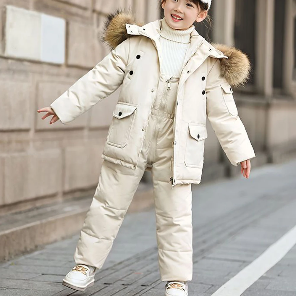 Baby Boys Down Snowsuits 2-Piece Fur Hooded Down Jacket with Bib Pants Thick Warm Toddler Kids Winter Skiing Puffer Wear